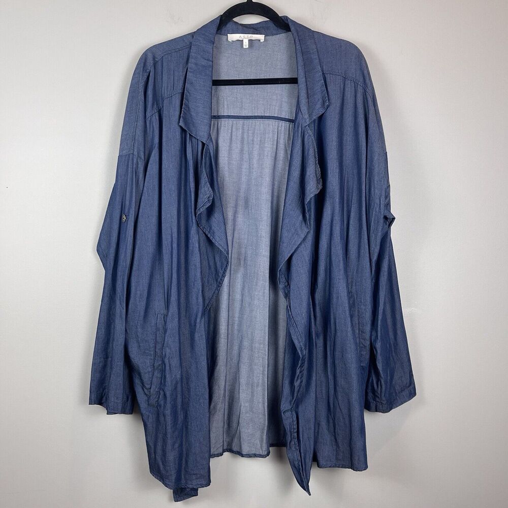 ASTR the Label Women Open Front Chambray Cardigan Jacket‎ Large Blue Lagenlook